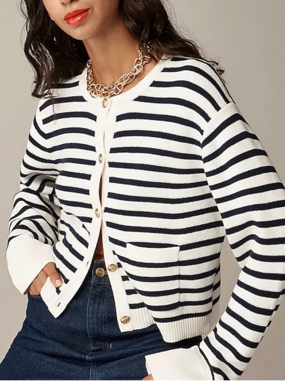 Jessica Simpson Navy and White Striped Button-Front Cardigan Sweater - Size: M